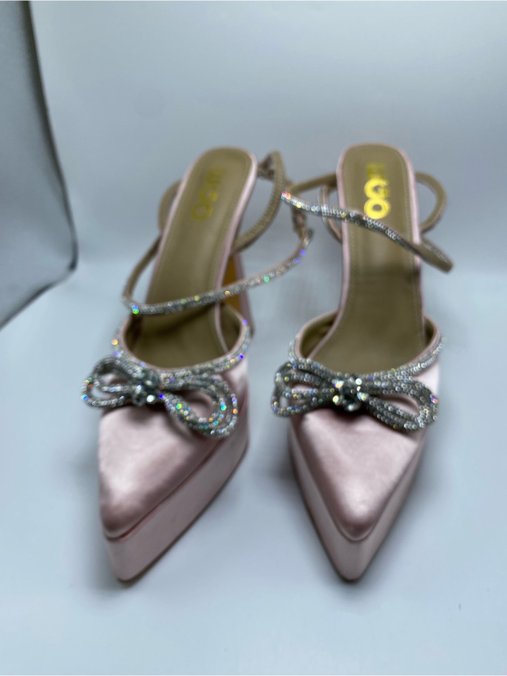 EGO Pink Satin Pointed Heels with Crystal Bow Straps